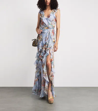 Etro Ruffled Tiered Paisley And Floral-print Satin Maxi Dress In Blue