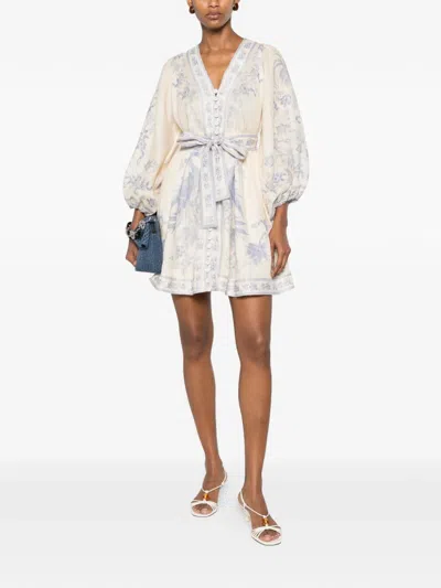 Zimmermann Womens Indra Plunge Linen Mini Dress Cream Lilac Floral In Yellow