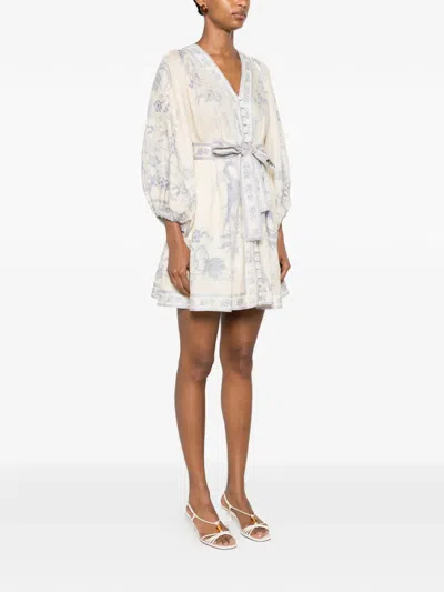 Zimmermann Womens Indra Plunge Linen Mini Dress Cream Lilac Floral In Yellow