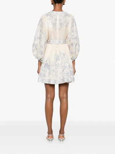 Zimmermann Womens Indra Plunge Linen Mini Dress Cream Lilac Floral In Yellow