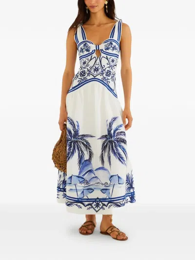 Farm Rio Fitted Linen Long Dress With Wonderful City Print And Striped Shoulder Straps In White