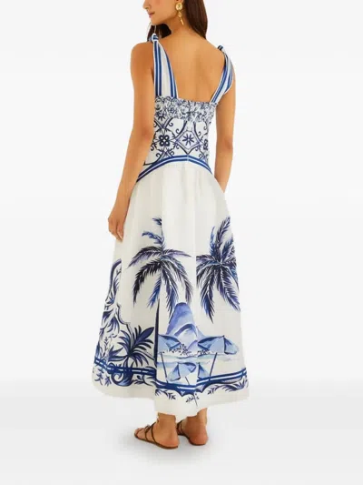 Farm Rio Fitted Linen Long Dress With Wonderful City Print And Striped Shoulder Straps In White