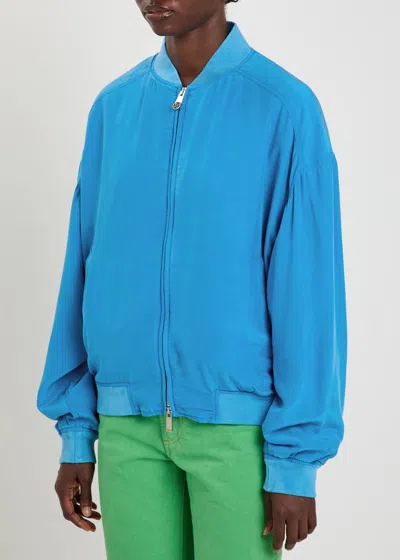 Versace Relaxed Fit Silk Jacket With Embroidered Logo And Zipper Closure In Blue