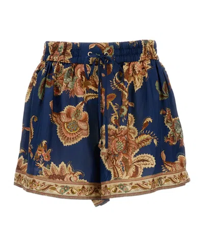Zimmermann Aster Shorts Elastic Waistband Floral Trim Pockets In Blue
