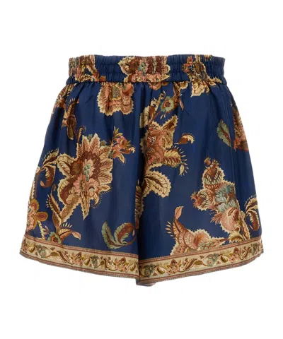 Zimmermann Aster Shorts Elastic Waistband Floral Trim Pockets In Blue