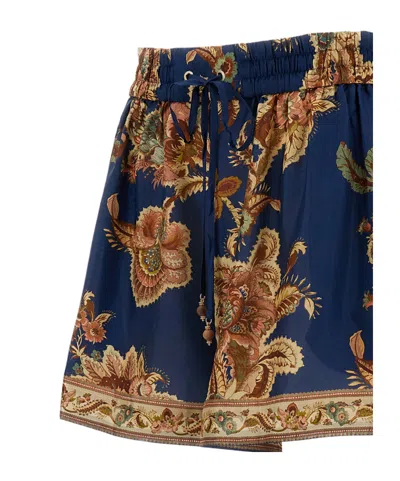 Zimmermann Aster Shorts Elastic Waistband Floral Trim Pockets In Blue