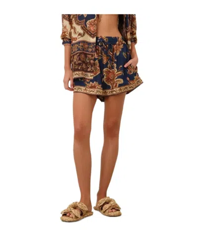 Zimmermann Aster Shorts Elastic Waistband Floral Trim Pockets In Blue