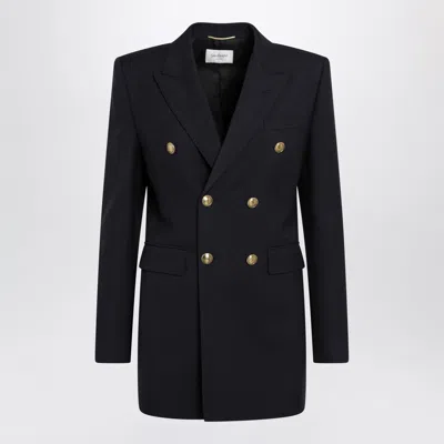 Saint Laurent Double-breasted Virgin Wool Gabardine Jacket In Navy In Black