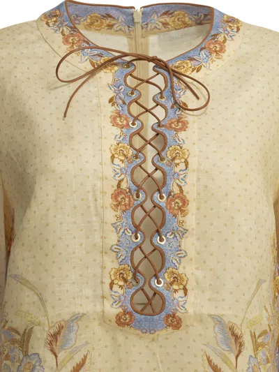 Zimmermann Womens Biscuit Scarf Floral Indra Floral-print Linen Tunic Mini Dress Xs In Brown