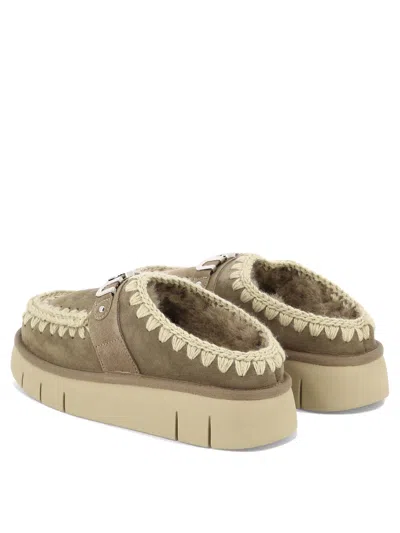 Mou Topstitched Suede Flat Mules In Brown