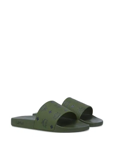 Mcm Monogram Print Rubber Slides In Green