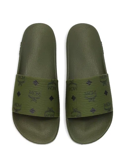 Mcm Monogram Print Rubber Slides In Green