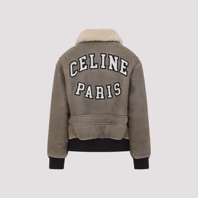 Celine Shearling Collar Leather Jacket With Adjustable Strap In Gray