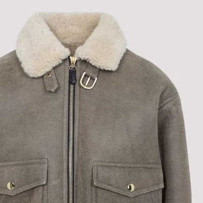 Celine Shearling Collar Leather Jacket With Adjustable Strap In Gray