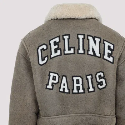Celine Shearling Collar Leather Jacket With Adjustable Strap In Gray
