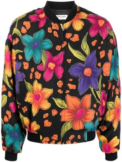 Saint Laurent Teddy Fleurs Crepe Jacket In Multi