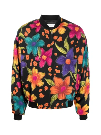 Saint Laurent Teddy Fleurs Crepe Jacket In Black