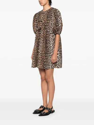Ganni Brown Leopard Printed Cotton Tie String Minidress In Animal Print