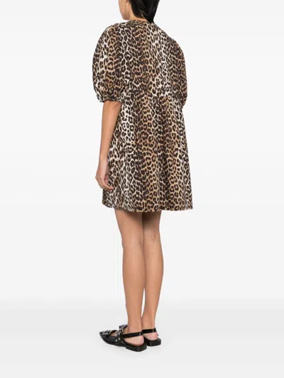 Ganni Brown Leopard Printed Cotton Tie String Minidress In Animal Print