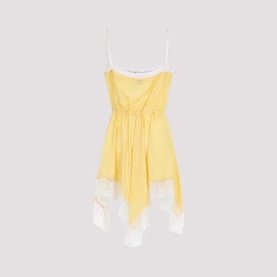 Saint Laurent Lace Mini Dress Asymmetrical Hem Bow Straps In Yellow