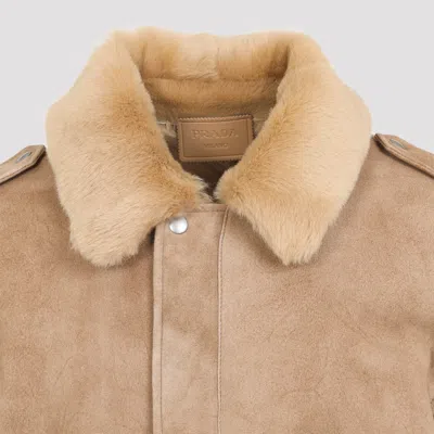 Prada Shearling Bomber Jacket In Neutral