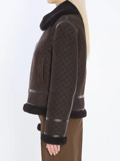 Gucci Women Brown Shearling Jacket With Shearling Trims And All-over Gg Motif In Suede Woman In Brown