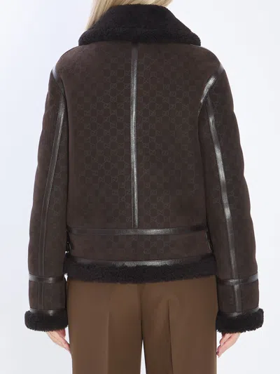 Gucci Women Brown Shearling Jacket With Shearling Trims And All-over Gg Motif In Suede Woman In Brown