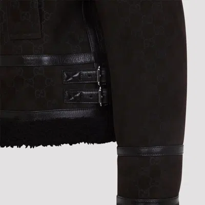 Gucci Women Brown Shearling Jacket With Shearling Trims And All-over Gg Motif In Suede Woman In Brown