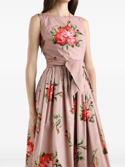 Dolce & Gabbana Cotton Sleeveless Boat Neck Floral Print Midi Dress In Animal Print