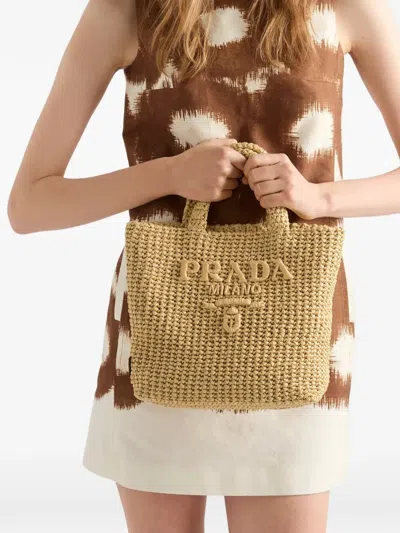 Prada Raffia Shoulder Bag Featuring Woven Texture In Brown