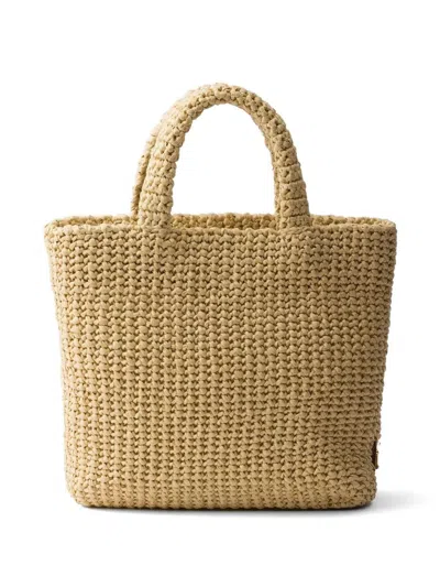 Prada Raffia Shoulder Bag Featuring Woven Texture In Brown