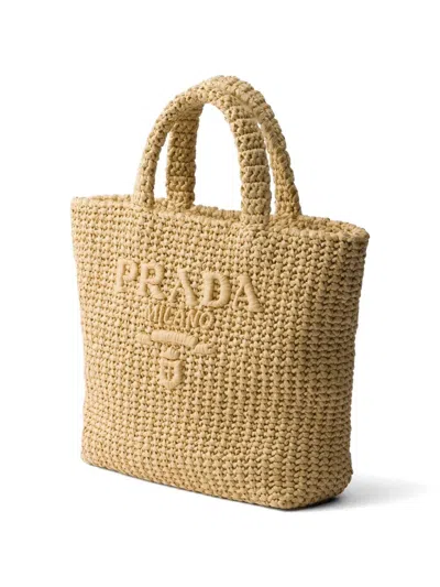 Prada Raffia Shoulder Bag Featuring Woven Texture In Brown