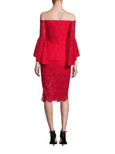 Shop Milly Selena Bell Sleeve Off-the-shoulder Floral Lace Dress In Red