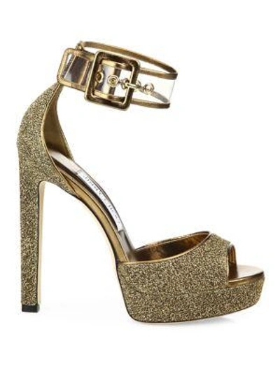 Shop Jimmy Choo Mayner Glitter & Pvc Platform Sandals In Gold Clear