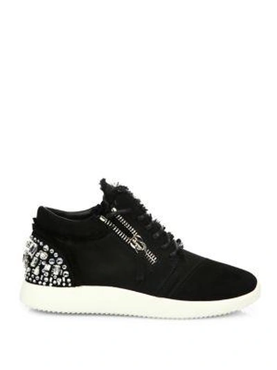 Shop Giuseppe Zanotti Crystal-embellished Suede & Satin Side-zip Sneakers In Black