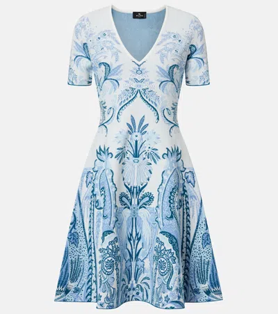 Etro Leafy Paisley Jacquard Short-sleeve A-line Dress In Blue