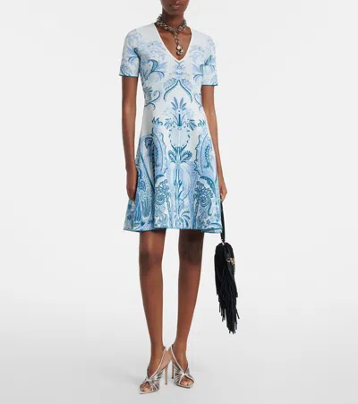 Etro Leafy Paisley Jacquard Short-sleeve A-line Dress In Blue