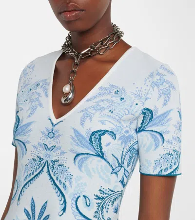 Etro Leafy Paisley Jacquard Short-sleeve A-line Dress In Blue