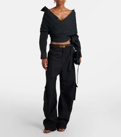 Balenciaga Off Shoulder Crop Shirt Long Sleeves In Black