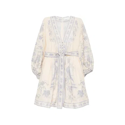 Zimmermann Womens Indra Plunge Linen Mini Dress Cream Lilac Floral In Yellow