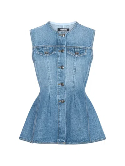 Rotate Birger Christensen Denim Flared Silhouette Button-front Cotton Tank Top In Blue