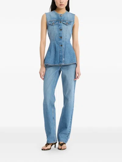 Rotate Birger Christensen Denim Flared Silhouette Button-front Cotton Tank Top In Blue