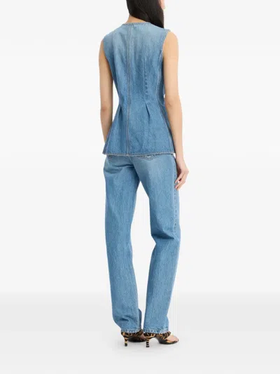 Rotate Birger Christensen Denim Flared Silhouette Button-front Cotton Tank Top In Blue