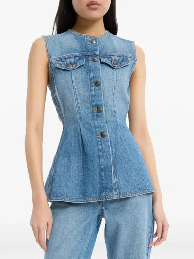 Rotate Birger Christensen Denim Flared Silhouette Button-front Cotton Tank Top In Blue