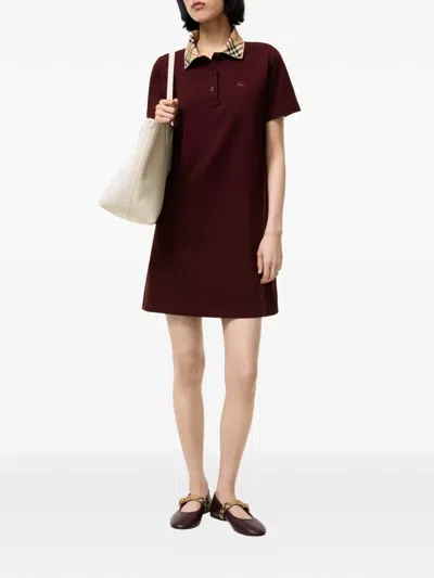 Burberry Dress Checked Collar Short Sleeves Design In Burgundy