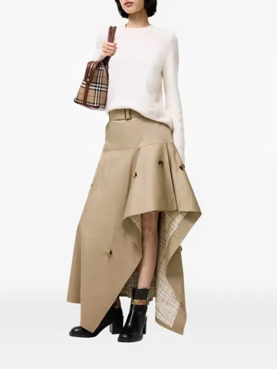 Burberry Heather Belted Asymmetric Cotton-gabardine Midi Skirt In Brown