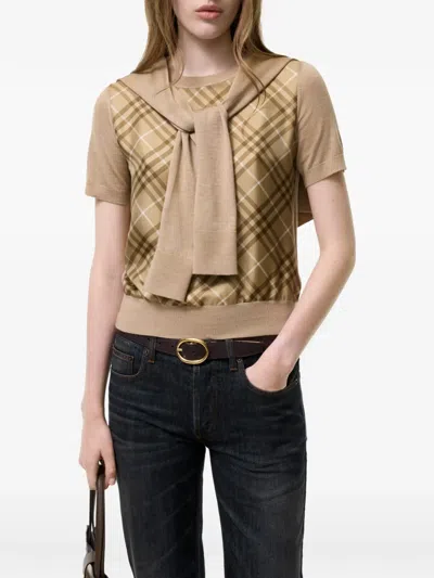 Burberry Check Panel Wool Silk T-shirt In Brown