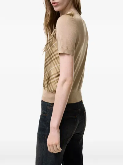 Burberry Check Panel Wool Silk T-shirt In Brown