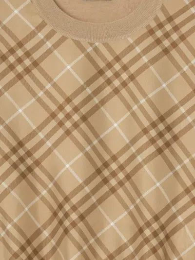 Burberry Check Panel Wool Silk T-shirt In Brown