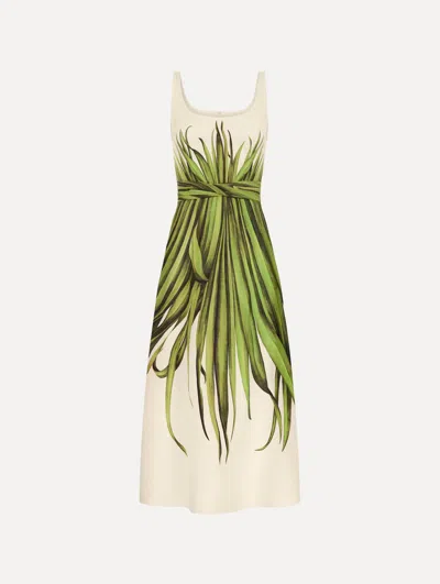 Oscar De La Renta Palm Leaves Print Cotton Stretch Poplin Midi Dress In White